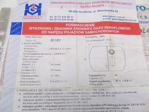 ZBIORNIK BUTLA NA GAZ LPG 41L OWALNA DO 01.26R ZBIORNIK BUTLA NA GAZ LPG 41L OWALNA DO 01.26R