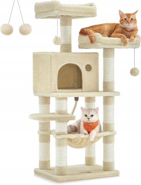 Drapak dla kota, stabilna wieża dla kota, 2 pluszowe grzędy, 112 cm, beżowy