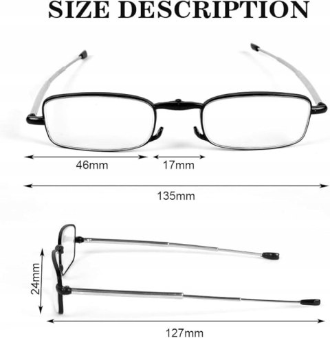Składane okulary do czytania z etui małe do torebki kieszeni +1,5 czarne Składane okulary do czytania z etui małe do torebki kieszeni +1,5 czarne