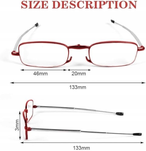 Składane okulary do czytania z etui małe do torebki kieszeni +2,5 czerwone Składane okulary do czytania z etui małe do torebki kieszeni +2,5 czerwone