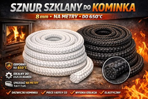 Sznur biały 8 mm do kominka i pieca uszczelniacz uszczelka 650°C na metry