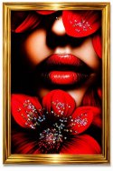 Obraz 3D Kobieta Czerwone Usta Kwiat Kryształki Złota Rama 22x32 cm Glamour