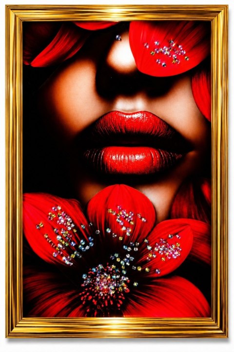 Obraz 3D Kobieta Czerwone Usta Kwiat Kryształki Złota Rama 22x32 cm Glamour