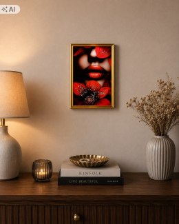 Obraz 3D Kobieta Czerwone Usta Kwiat Kryształki Złota Rama 22x32 cm Glamour