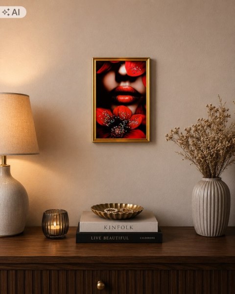 Obraz 3D Kobieta Czerwone Usta Kwiat Kryształki Złota Rama 22x32 cm Glamour