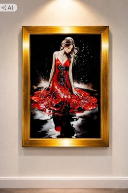 Obraz 3D Kobieta w Czerwonej Sukni z Kryształkami Złota Rama 22x32 Glamour