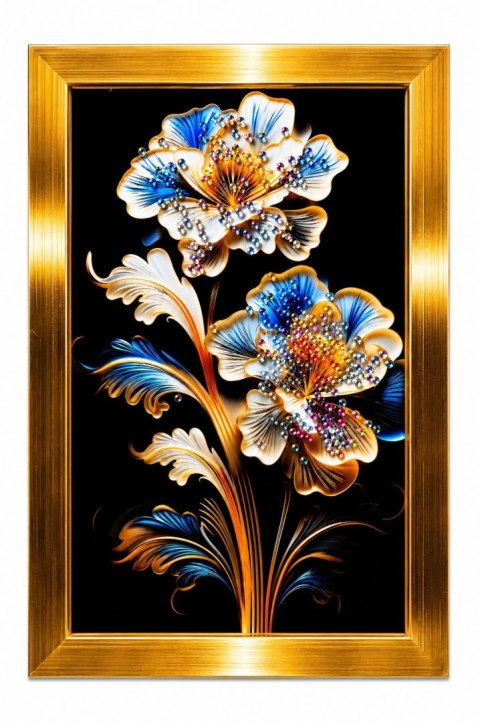 Obraz 3D Kwiaty z Kryształkami Złota Rama 22x32 cm Glamour efekt żywicy
