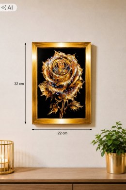Obraz 3D Złota Róża z Kryształkami Złota Rama 22x32 Glamour efekt żywicy