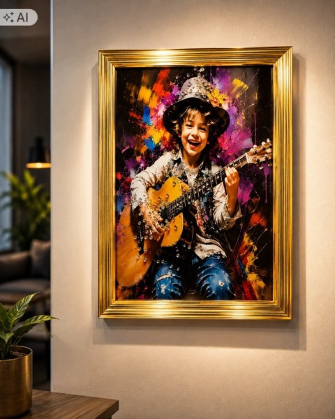 Obraz 3D chłopiec z gitarą kryształki złota rama 22x32 efekt żywicy Glamour
