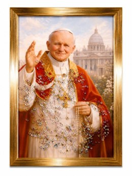 Obraz Papież Jan Paweł II z Kryształkami Złota Rama 32x22 Religijny żywica