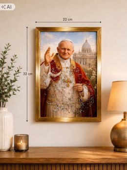 Obraz Papież Jan Paweł II z Kryształkami Złota Rama 32x22 Religijny żywica