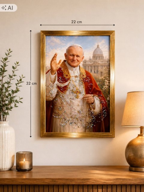 Obraz Papież Jan Paweł II z Kryształkami Złota Rama 32x22 Religijny żywica