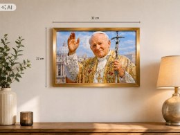 Obraz Papież Jan Paweł II z Kryształkami Złota Rama 32x22 Religijny żywicy