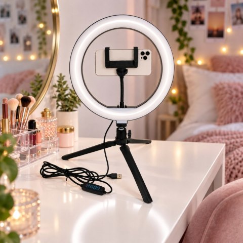 Lampa Pierścieniowa LED Selfie TikTok Makijaż Uchwyt na Telefon 26 cm