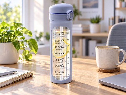 Bidon szklany motywacyjny 1 l niebieski miarka czasu słomka BPA Free