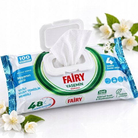 Chusteczki nawilżane czyszczące Fairy power Jaśmin 100 szt. antybakteryjne