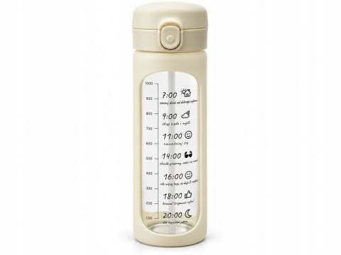 Bidon szklany motywacyjny 1 l kremowy miarka czasu słomka BPA Free siłownia