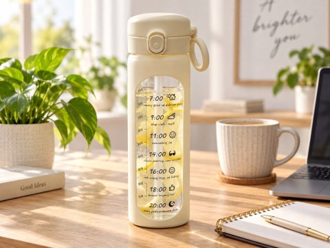 Bidon szklany motywacyjny 1 l kremowy miarka czasu słomka BPA Free siłownia