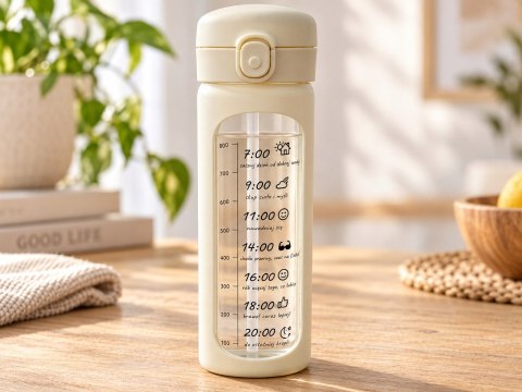 Bidon szklany motywacyjny 1 l kremowy miarka czasu słomka BPA Free siłownia