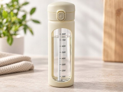 Bidon szklany motywacyjny 1 l kremowy miarka czasu słomka BPA Free siłownia
