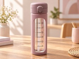 Bidon szklany motywacyjny 1 l różowy miarka czasu słomka BPA Free sportowy