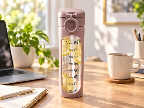 Bidon szklany motywacyjny 1 l różowy miarka czasu słomka BPA Free sportowy