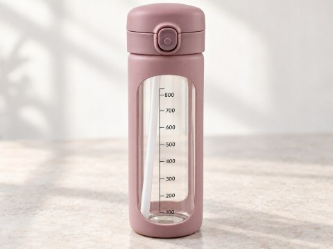 Bidon szklany motywacyjny 1 l różowy miarka czasu słomka BPA Free sportowy