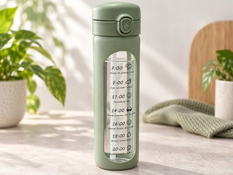 Bidon szklany motywacyjny 1 l zielony miarka czasu słomka BPA Free 1000 ml