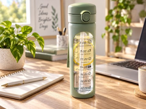 Bidon szklany motywacyjny 1 l zielony miarka czasu słomka BPA Free 1000 ml