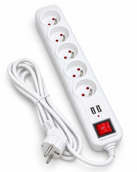 Listwa zasilająca przedłużacz 5 gniazd 2x USB 5 V 1,5 m wyłącznik 3680 W