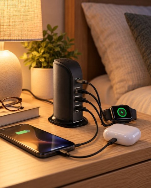Stacja ładująca ładowarka 30 W 4x USB-A USB-C 5 portów przedłużacz 2 m