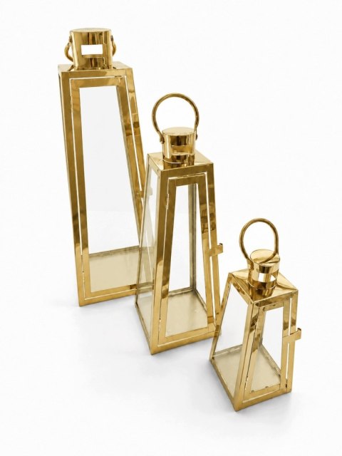 LUKSUSOWY Zestaw 3 Złotych Lampionów Latarni GLAMOUR 24/38/50 cm EFEKT WOW