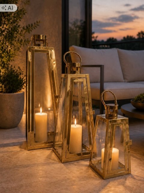 LUKSUSOWY Zestaw 3 Złotych Lampionów Latarni GLAMOUR 24/38/50 cm EFEKT WOW