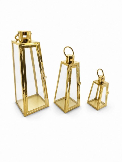LUKSUSOWY Zestaw 3 Złotych Lampionów Latarni GLAMOUR 24/38/50 cm EFEKT WOW