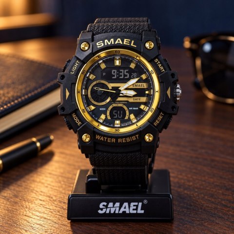 SMAEL Zegarek męski sportowy czarno-złoty analogowo-cyfrowy elegancki