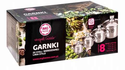 Zestaw garnków MG HOME STILO 8 el. stal nierdzewna indukcja gaz 4 pokrywki